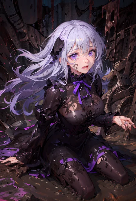 ((((((((covered in mud)))))))),(((((mud))))),(((((dirty))))),(((((messy))))), (((((dirty face))))), (((torn clothes))), (((nfsw))),((masterpiece)), ((best quality)), ((ultra-detailed)), ((illustration)), Amazing, beautiful detailed eyes, finely detail, (((purple gothic fashion frilled dress))), (((light purple long hair))),(purple eyes), hairband, long sleeves, neck ribbon, puffy sleeves, skirt pleats, dress bow, Medium breasts,(crying),<lora:vividWatercolorsLora_10:1> <lora:partiallySubmergedInto_partiallySubmerged641:1>