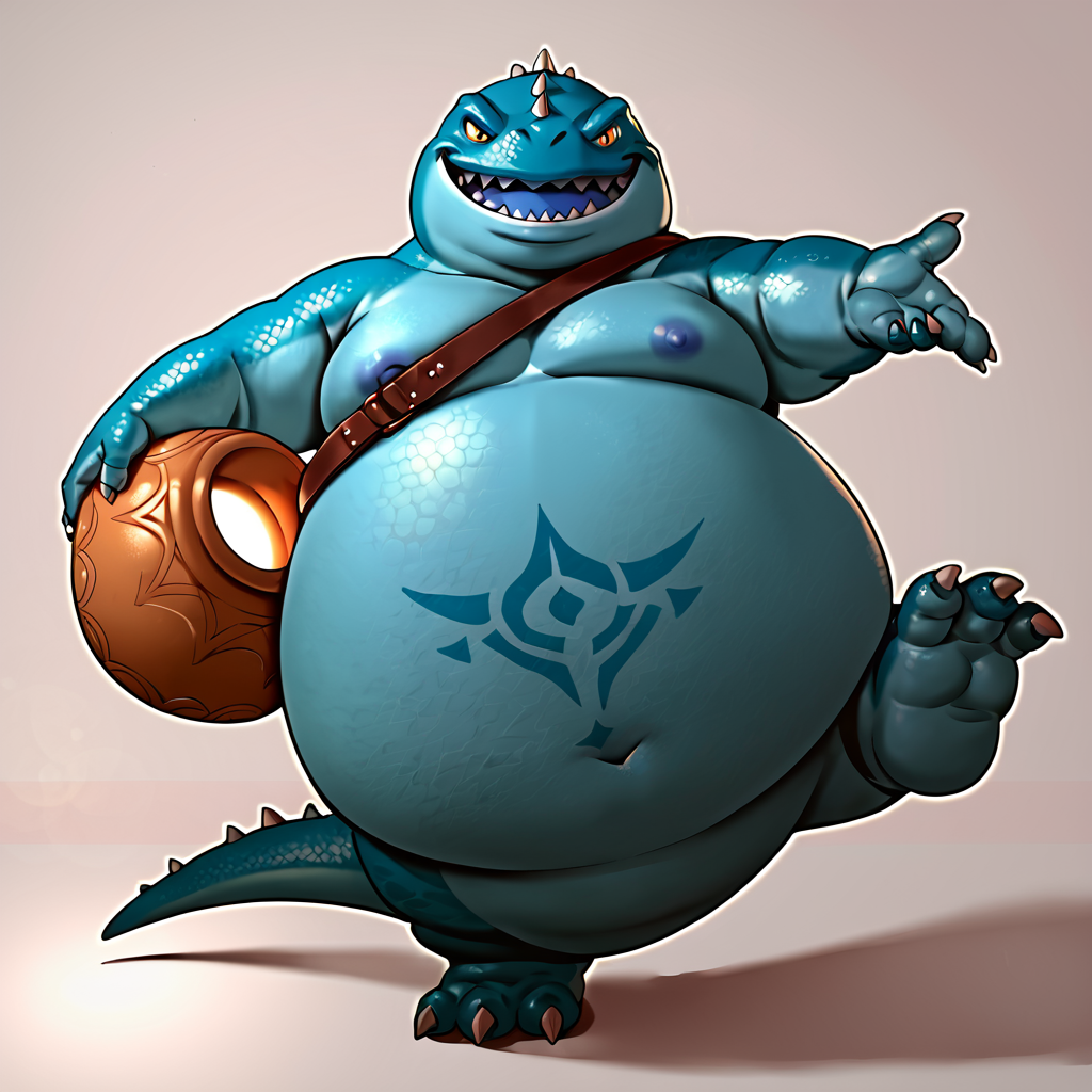 score_9, score_8_up, score_7_up, score_6_up, score_5_up, score_4_up,jarvis, blue skin, symbol on belly, dragon, fat, obese, carrying jar, spikes, stubby, pudgy, three toes, looking at viewer, smiling, action pose, standing on one leg, <lora:Fat_Dragons_Dragon_Quest_PonyXL:1>