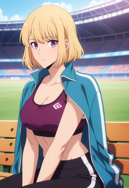 anime screencap, masterpiece, best quality,
<lora:SoloLeveling_ChaHae-In_IlluXL:0.9>,
1girl, solo, closed mouth,
blonde hair, short hair, purple eyes,
ChaHaeInSport, sports bra, purple bra, track jacket, blue jacket, jacket on shoulders, leggings, black pants,
sitting, looking at the viewer,
outdoors, bench, stadium, blurry background