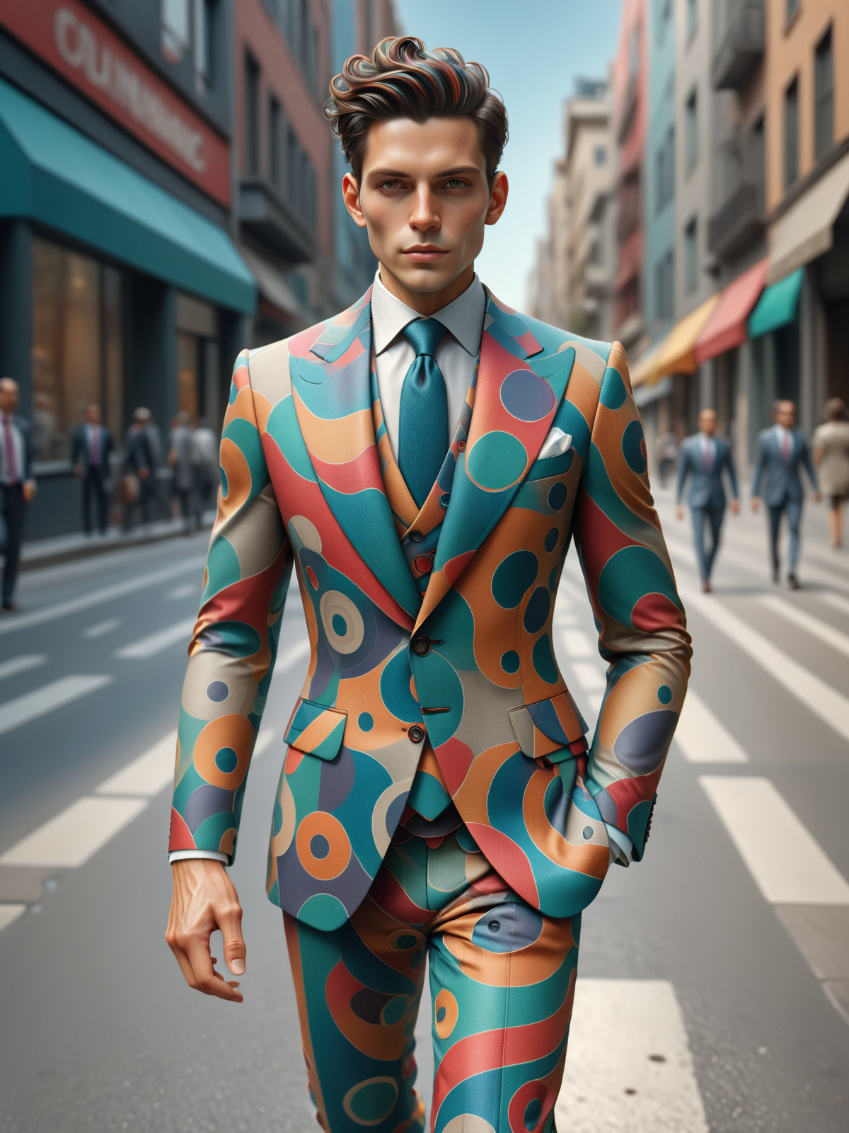 man wearing a colorful mad-circle business suit walking through city, dynamic pose  <lora:Colorful_Circles_SDXL:0.8>, (masterpiece:1.2), best quality, (hyperdetailed, highest detailed:1.2), high resolution textures