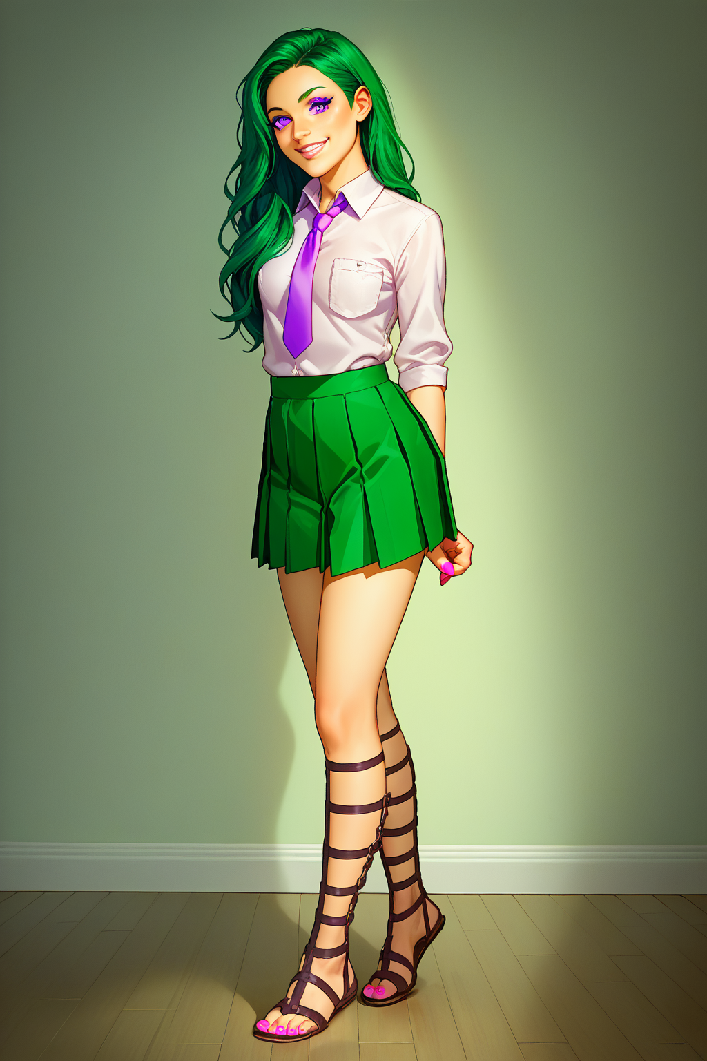 score_9, score_8_up, score_8_up, 18 years old female, slim, sexy, medium chest, in the room, sexy pose, pale skin, (dark-green hair, dark-green long hair), violet eyes, smile expression, pretty face, eye contact, (white shirt, short shirt, unbuttoned shirt), (pleated green miniskirt, green miniskirt), white stockings, black gladiator sandals, purple necktie, bare stomach, in full height, solo, alone, volumetric lighting, lilandavastyle, OverallDetail, Expressiveh, pink nails, toenail polish