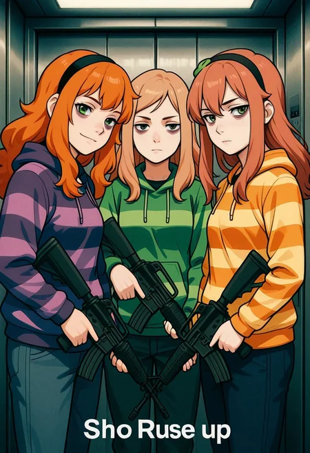 score_9, score_8_up, score_7_up, source_anime, show accurate, no russian, elevator, holding weapon, assault rifle, 4girls, vivian-james, striped hoodie, bags under eyes, portrait, close up,happy, head tilt, looking at viewer, cowboy shot, serious expression, thin, lean body, very intricate, high quality details, ultra realistic, high detailed skin, detailed environment