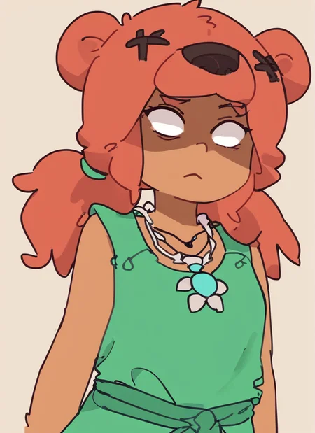score_9, score_8_up, score_7_up, <lora:bsnita-000006:0.9>bsnita, dark-skinned female, , 1 girl , solo , red hair ,necklace, green dress ,bear ears ,,simple background, white pupils, shaded face,bear girl, brown pants, by s1120411 <lora:Yagi_the_Goat_Style:1>