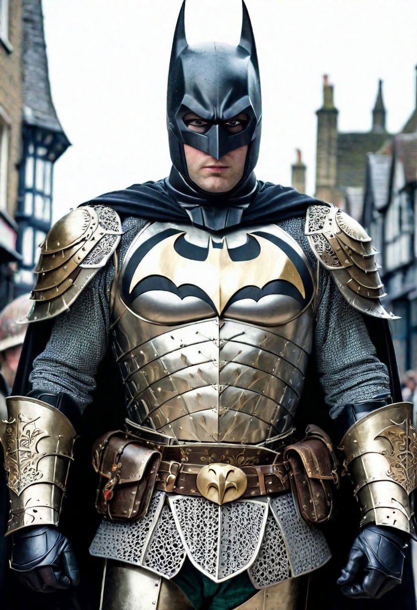 vintage_p_style medieval batman wearing highly stylized and intricate medieval armor, whitechapel street in the background, <lora:VintagePPXL:1>