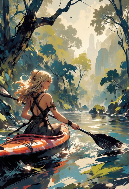 Mh1$AgThS2, intricate linework with expressive contrasts, soft lighting with dynamic highlights, In the style of ff-td, blonde woman paddling a kayak up a tropical rainforest river, rainforest trees, vines, reflections, diffuse dim light