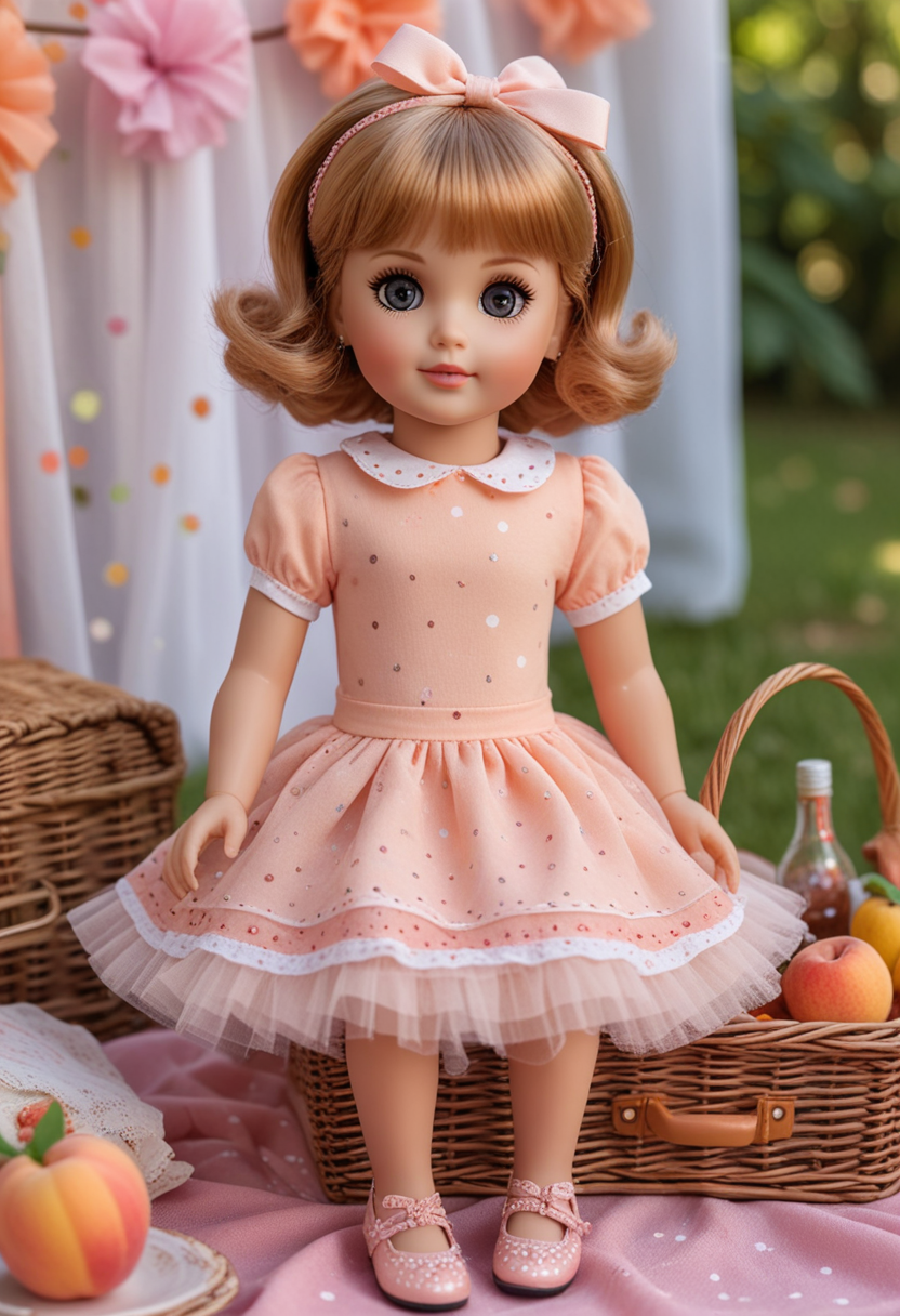 (medium full shot) of (endearing doll)  dressed in a peach t-shirt with print, tulle petticoat, polka dot shoes, glitter eyeshadow, matching bow, enjoying a picnic, located in  a charming party, with quaint decorations, classic music, timeless games, joyful dolls, in the afternoon, Masterpiece,best quality, photo, realistic, very aesthetic,