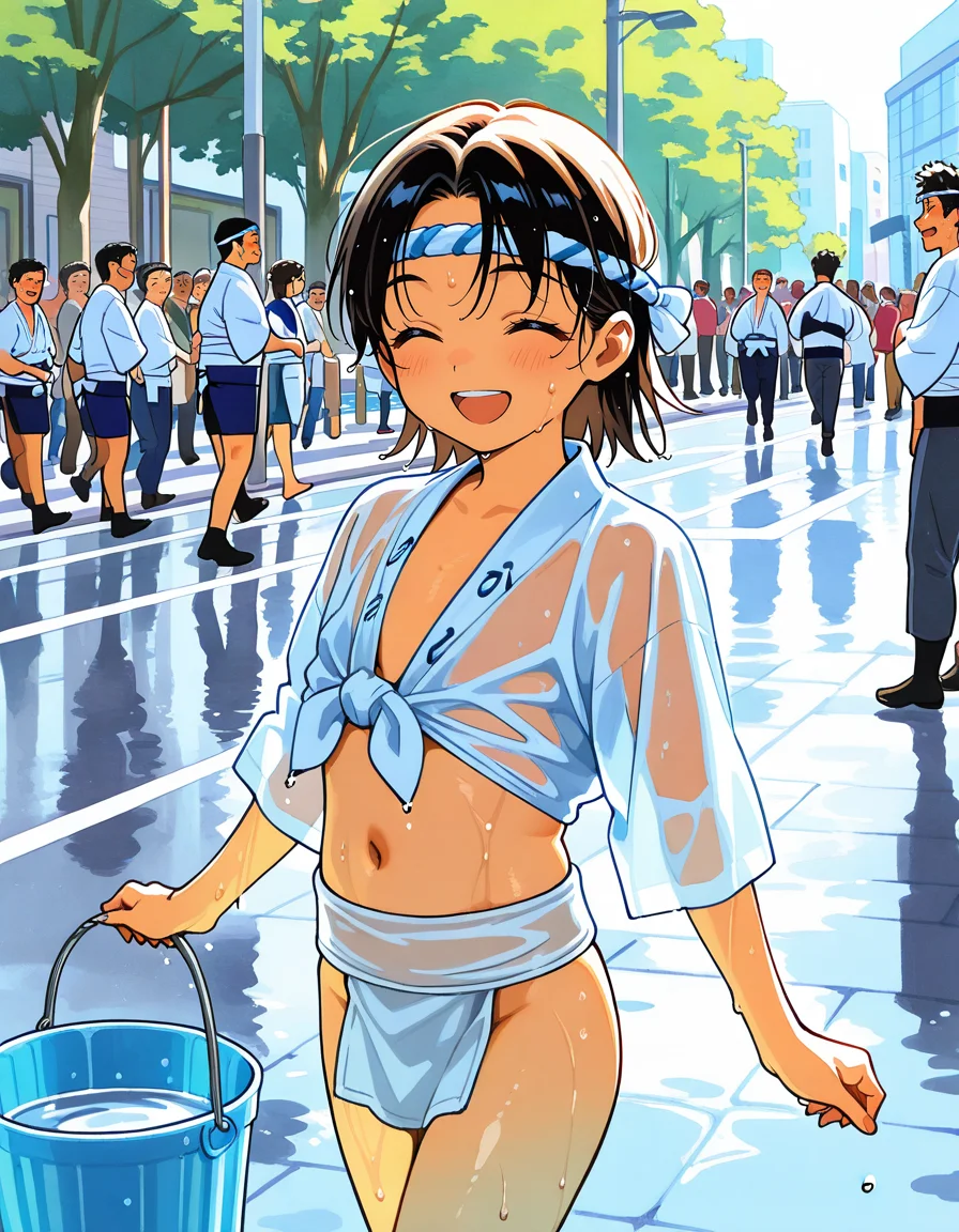 score_7_up, anime BREAK official art, 
<lora:yamakasa-000007:1>, yamakasa, 
shimekomi, multiple boys, 6+boys, closed eyes, open mouth, hachimaki, wet, outdoors, water, multiple girls, smile, day, plastic bucket, bollard, street, mizuhappi, people, navel
(masterpiece:1.3), best quality, high resolution, unity 8k wallpaper, extremely detailed CG, 8K, (watercolor \(medium\), muted color, sketch:1.1), perfect anatomy, highly finished, masterpiece, best quality, high quality, amazing quality, great quality, very aesthetic, ultra detailed, highres, absurdres, highly detailed, highly detailed background,