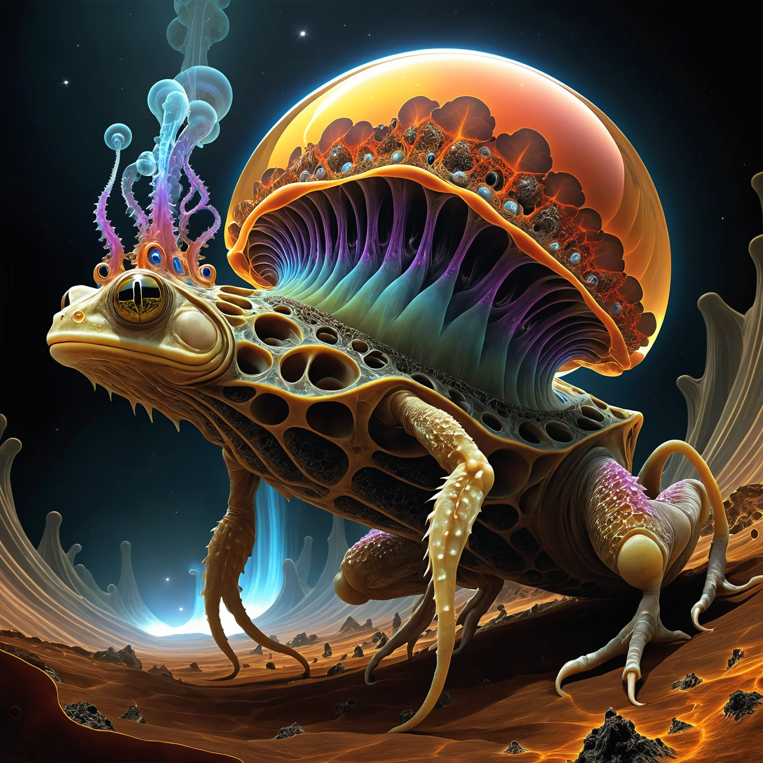 <lora:add-detail-xl:2.0>, famous artwork (by julie baroh:1.4), (fractal art:1.0), fantasy style, seen here is the wondrous (amphibic:1.2) gross warplobber with its psorbified quizzleflarp and (sleek, streamlined features:1.2), it prefers to drezzle next to one of the colorful and frequently (erupting geysers:1.4) of the blampfchoddering exoplanet new grinflob, masterpiece, best quality, ultra detailed