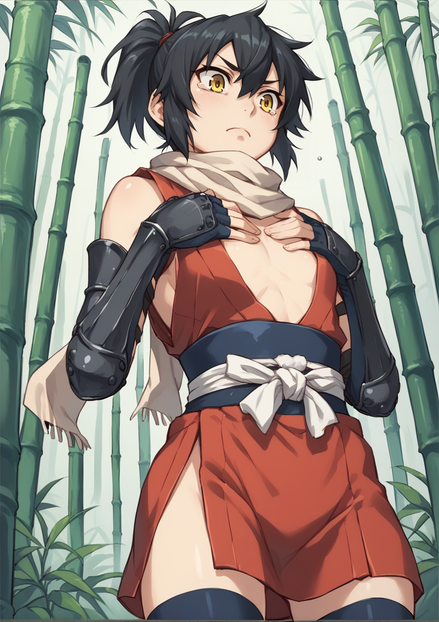1girl, medium hair, black hair, yellow eyes, ponytail, scarf, ninja, japanese clothes, sarashi, chest sarashi, Thighhighs, gauntlets, fingerless gloves, flat chest, looking down, tears, hands on own breasts. bare shoulders, cowboy shot, bamboo forest <lora:Chifusa_Manyuu_XL:1>, score_9, score_8_up, score_7_up, score_6_up, score_5_up, score_4_up, BREAK source_anime, masterpiece