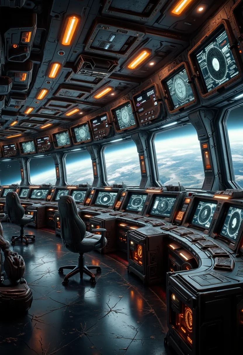 yfg-sm0rg, YFG-L3ms a panoramic command deck filled with digital displays, Earthâs bright limb visible through wide observation windows