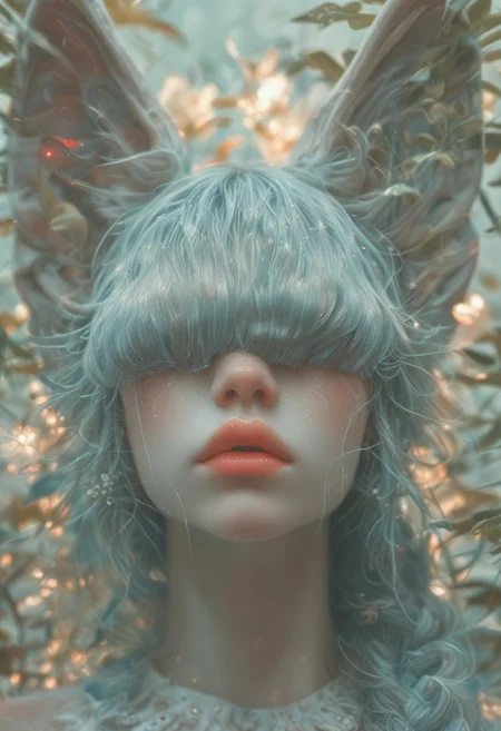 (Score_9:1.1), score_8_up, score_7_up,
(limited lighting, high contrast, laser beams, highres, closed_mouth:1.4, absurdres) 
Fl0ralD0lls 
solo, fennec ears, human woman, curious, (ferns:1.3), realistic, focus on face, hime cut, pacific blue hair, (hair over eyes:1.4),((hair in very long single braid)), big lips, full lips, glossy lips, matte skin, matte colours, focus face