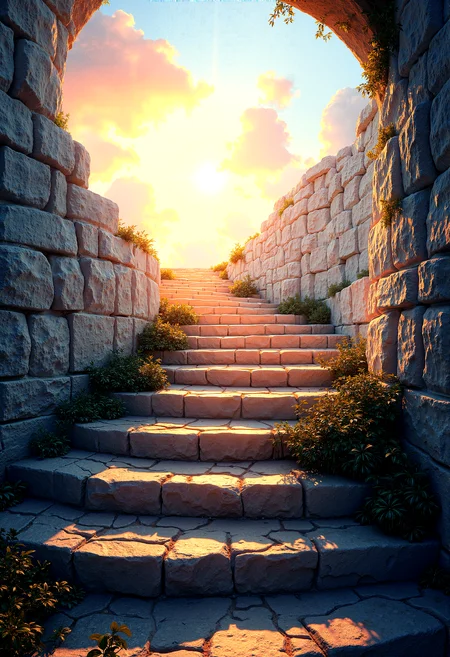 photorealistic image of a stairway to heaven,curvy pathway,  background revealing bright lights, fluffy clouds, etherial atmosphere, detail stairway steps made of cobblestone, roman architecture, godrays, rainbow lens flre, weeds growing between stairs, in POV




 














