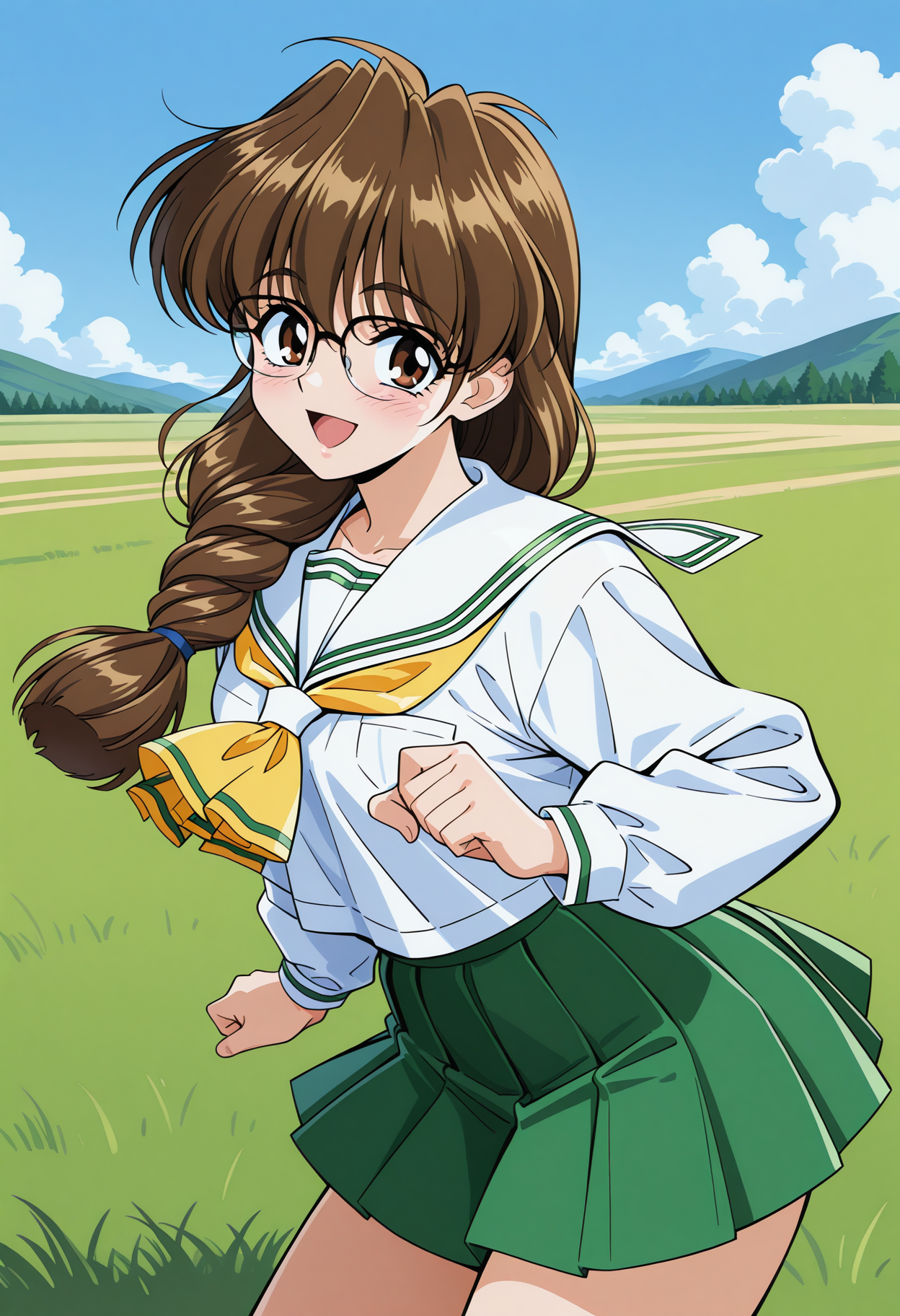 nakamoto_shizuka, glasses, brown eyes, brown hair, long hair, single braid, hair over shoulder, school uniform, serafuku, white sailor collar, yellow neckerchief, white shirt, long sleeves, green skirt, pleated skirt, <lora:Graduation_nakamoto_shizuka_illustrious_ver1:0.8>
smile, open mouth,, masterpiece, best quality, very aesthetic, absurdres, general,, 1girl, solo, blue sky, (grasslands:1.2), looking at viewer,, (cowboy shot, dynamic pose:1.4),