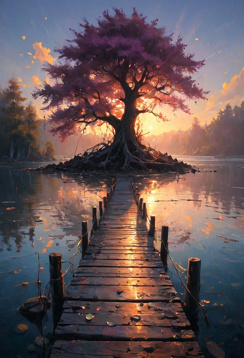A wooden dock extends out into a tranquil bay, its weathered planks adorned with scattered sea shells. Nearby, a small island rises from the water, crowned with a solitary tree whose branches stretch gracefully towards the sky. The scene is bathed in vibrant colors as the sun begins to set, casting a warm, golden hue over everything. The water reflects the sun's radiant glow, creating a shimmering pathway of light across the surface. The overall setting is serene and picturesque, capturing the peaceful beauty of nature.  [romantic impressionism,dream scenery art,beautiful oil matte painting,romantic,style of thomas kinkade,beautiful digital painting,anime landscape,romantic painting,dreamlike digital painting,colorful painting,beautiful gorgeous digital art,style of greg rutkowski,janek sedlar,jenny saville:0] <lora:vivid_everclear:0.6>  <lora:Sinozick:0.65>  <lora:g0th1cPXL:0.85>