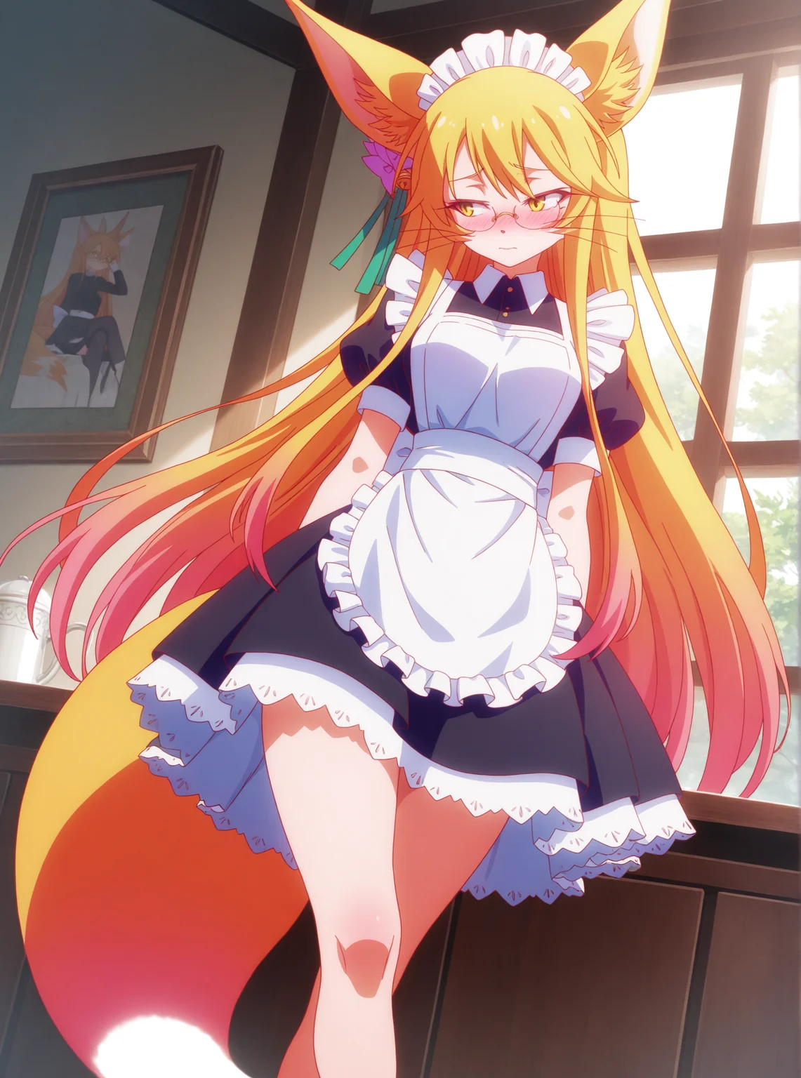 best quality,amazing quality,<lora:miko:1>,miko_fox,glasses,yellow eyes,maid,crossed legs,shy,standing,