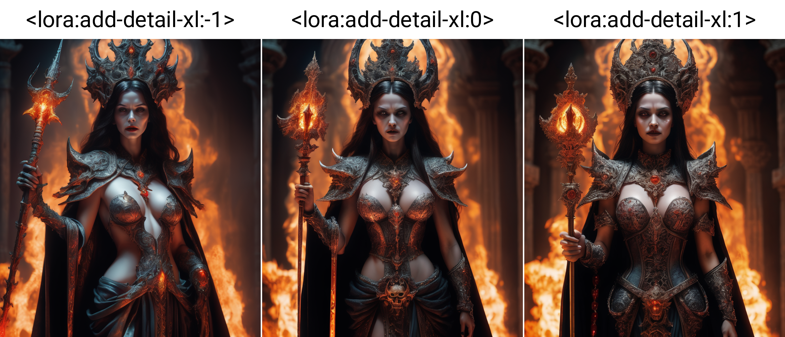 attractive female overlord of the underworld standing guard of the entry to hell,( extremely detailed robe and adornments:1.3), holding a demented staff, digital photo, (ultra high quality, ultra high detail, photo realistic:1.3), dark cinematic lighting, volumetric lighting, vivid detail, vivid color, style-princess, <lora:add-detail-xl:-1>
