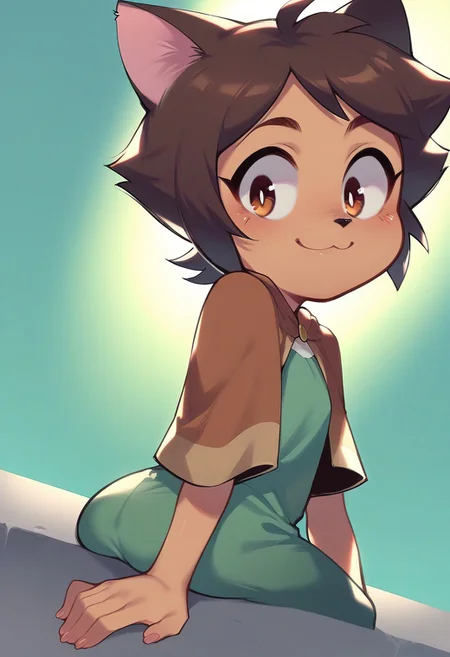 score_9, score_8_up, score_7_up, source_cartoon, 1girl, solo, dramatic lighting, dramatic angle, looking back at you,
Luz Noceda, brown hair, short hair, brown eyes, young, managan, furry, cat girl, looking at viewer, sitting, brown capelet, green tunic, black eyes, solid circle pupils, smile