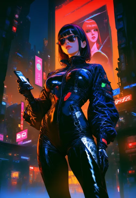 masterpiece,high score,great score,absurdres, a woman in sunglasses holding a cell phone in her hand and looking at it with a serious look on her face [22],<lora:matr1xg0th :1>,(matr1xg0th, m0tr1xbl0d3r0nn3r, realistic, tech wear, cyberpunk art, afrofuturism, Chizuko Yoshida, Christian Hilfgott Brand, gothic art),facing away [2],realistic [1], .