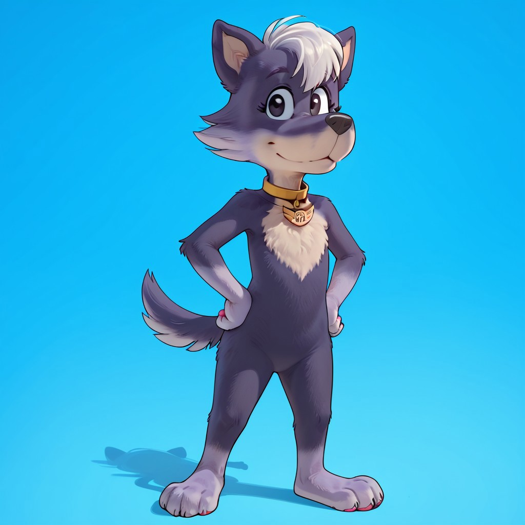 score_9, score_8_up, score_8, score_7, source_cartoon, Wind_Swiftly, solo, 1girl, anthro, female furry, dog, dog girl, purple and white fur, white hair, bangs, thin tail, black nose, black eyes, white chest fur, gold collar, gold tag, full body, looking at viewer, standing, sassy pose, smile, hands on hips, blue background,