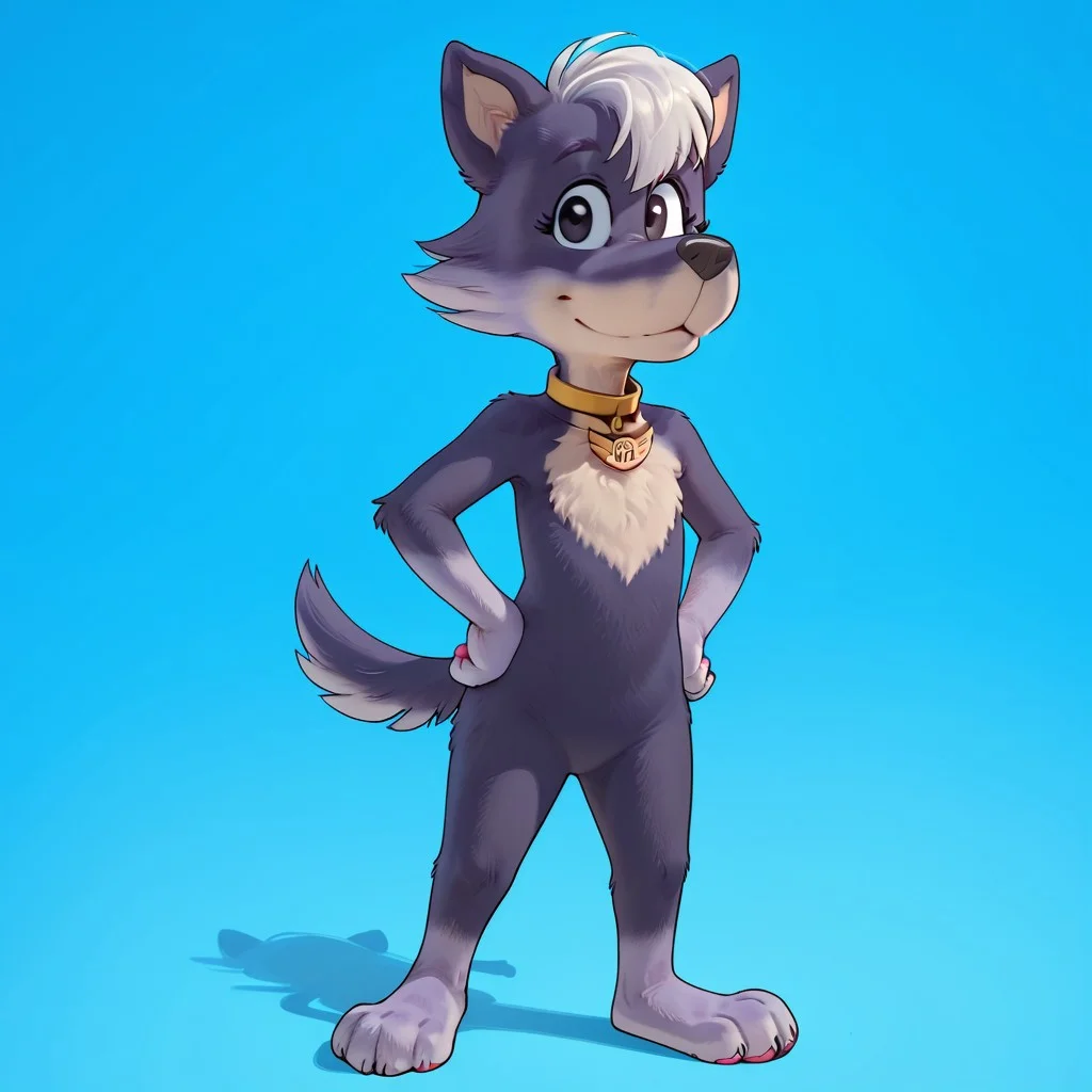 score_9, score_8_up, score_8, score_7, source_cartoon, Wind_Swiftly, solo, 1girl, anthro, female furry, dog, dog girl, purple and white fur, white hair, bangs, thin tail, black nose, black eyes, white chest fur, gold collar, gold tag, full body, looking at viewer, standing, sassy pose, smile, hands on hips, blue background,