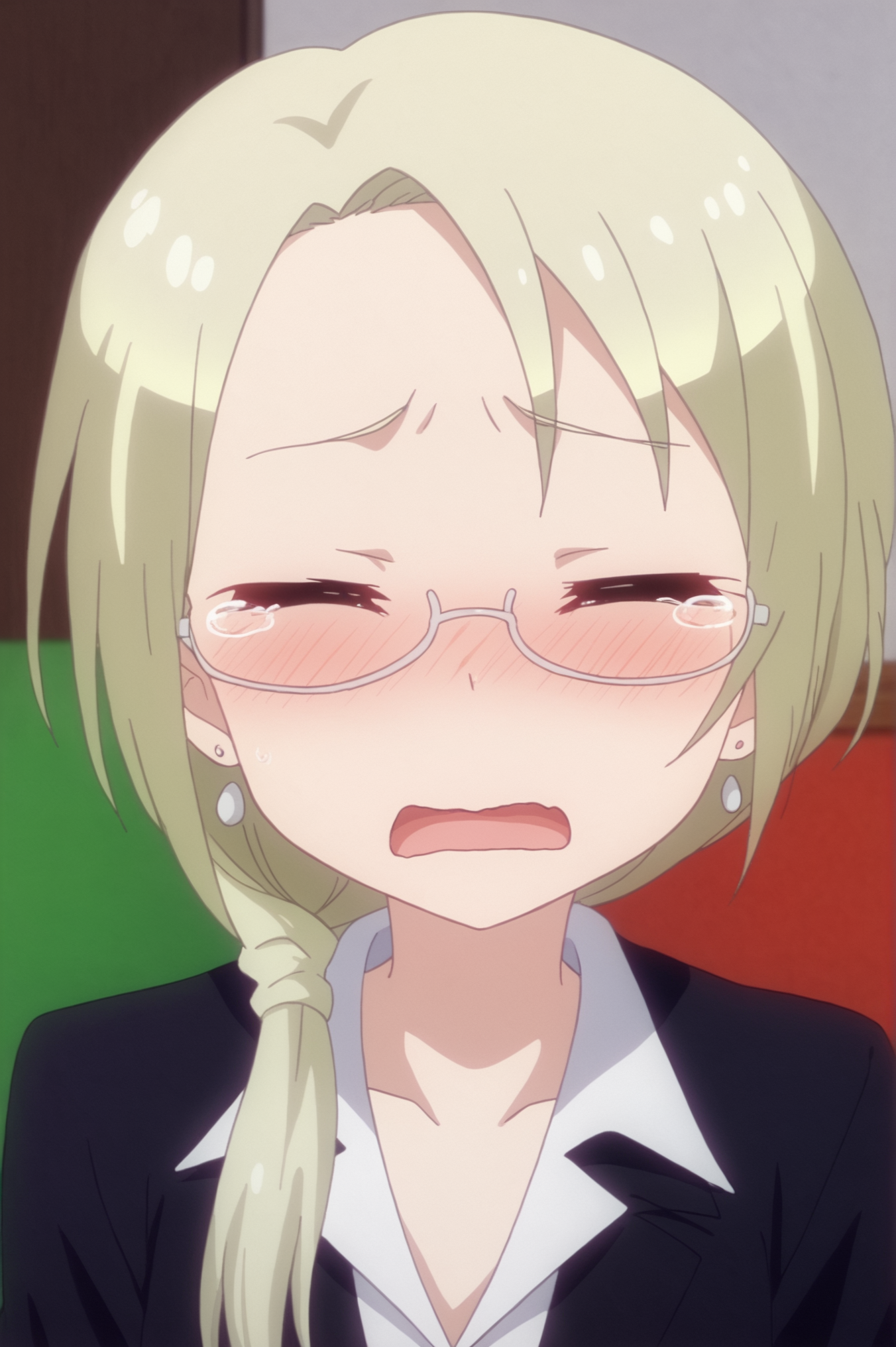 <lora:Christina_Wako_Yamato:0.7> Christina Wako Yamato, 1girl, blush, open_mouth, jewelry, closed_eyes, glasses, tears, wavy_mouth, formal, suit, snot <lora:sdxl_lightning_4step_lora:1>