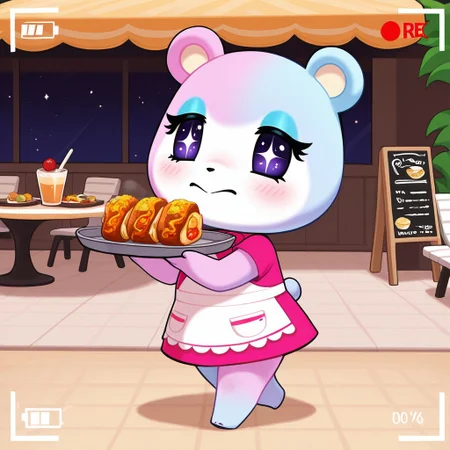 best quality, masterpiece, Full Body, Romantic, Small, Body, Furry, judyac, animal crossing, 1girl, solo, furry, bear, two-tone fur, light pink fur, light blue fur, white muzzle, purple eyes, star pupil, blush, blue eyeshadow, pink dress, beach, restaurants, serving food, carry tray, walking, outside lobby, board walk, beach chair, beach table, umbrella, recording, sign of buzz, sign said buzz food menu