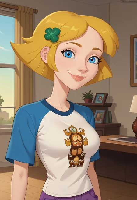 ((bedroom background)),score_9, score_8_up, score_7_up,score_6_up, 
1girl, Solo, SaraM_MM, light skin, bright blue eyes, golden blonde hair, short hair, pointed nose, green four-leaf clover hair clip, white T-shirt with light blue sleeves, logo on the shirt, deep lilac capri pants, purple sneakers, big eyes, medium stature, social smile, sexy face, very close-up, face photo, perfect eyes, perfect smile, looking at the viewer, big breasts, detailed eyes, perfect eyes
