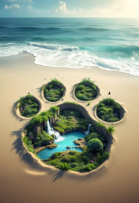 This artwork depicts a giant paw print etched into the sand near the ocean. Within the print, a miniature ecosystem thrives: lush vegetation, a cascading waterfall, a small pool of water, and even a few birds and a small animal. The contrast between the vastness of the paw print and the delicate details within creates a sense of wonder and scale. The image evokes a sense of harmony between nature and the unseen forces that shape it. It could represent the delicate balance of the natural world, the impact of unseen forces, or even a metaphor for the footprint we leave on the earth., conceptual art, cinematic, vibrant