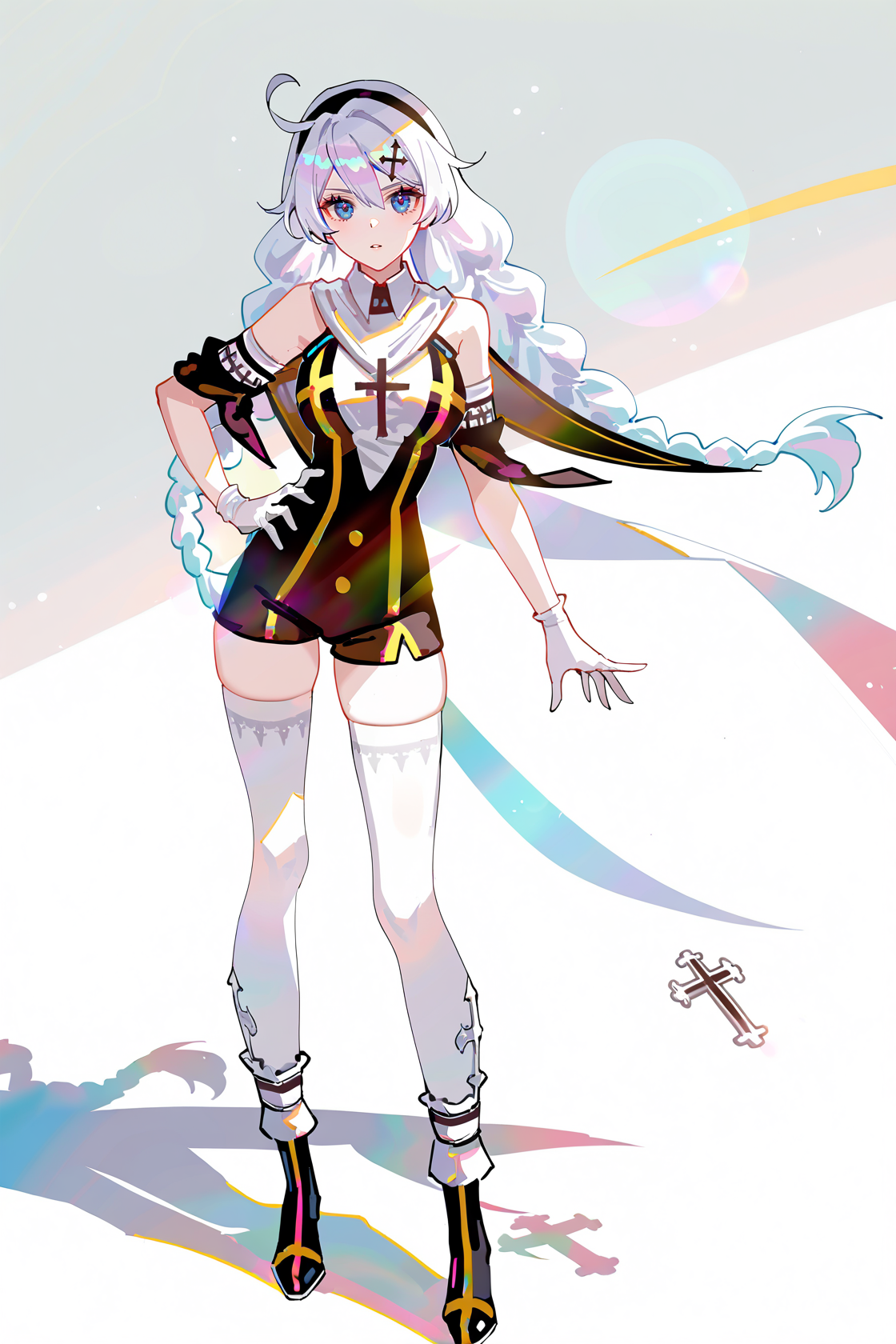 8k, best quality, masterpiece, (ultra-detailed), (high detailed skin), 
((artist:reoen),(artist:fuzichoco),(artist:atdan),(artist:torino_aqua),year 2024:0.8)1girl, [artist:wlop], [artist:ningen_mame], artist:ciloranko, [[artist:rhasta]], artist:tidsean, colorful, detailed light, light leaks, sunlight, bokeh, blurry foreground, ray tracing, lens flare, cinematic lighting, 
full body, full shot, standing, looking at viewer, (solo:1.2), simple background, (white background:1.2), hand on own hip, (white background:1.1), 
<lora:kiana-young-noob-Tanger:0.8>, 
kiana kaslana, shennv, shennv clothes, 8th clothes, 1girl, nun, braid, twin braids, bare shoulders, bangs, boots, white thighhighs, gloves, hair ornament, long hair, black hairband,
