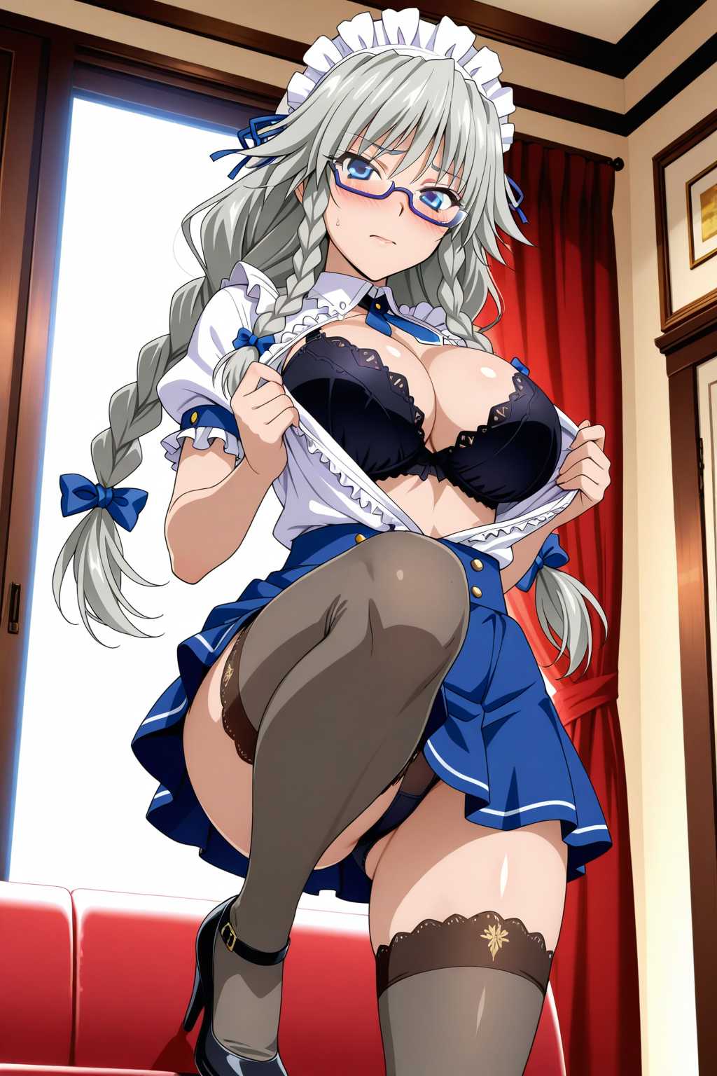 masterpiece, best quality, grayfia lucifuge, 1girl, black bra, black shoes, black thighhighs, blue skirt, blush, bra, braid, breasts, cleavage, glasses, grey hair, high heels, indoors, large breasts, long hair, maid headdress, miniskirt, official alternate costume, open clothes, open shirt, purple eyes, semi-rimless eyewear, shirt, shoes, skirt, solo, thighhighs, twin braids, under-rim eyewear, underwear, white shirt
