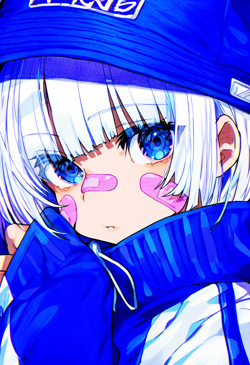 1girl, solo, hat, white hair, looking at viewer, bandaid, bandaid on face, blue headwear, blue eyes, short hair, bangs, long sleeves, sleeves past wrists, jacket <lora:mikaXL_NBVP1_lokr_V6311PZ:0.95>