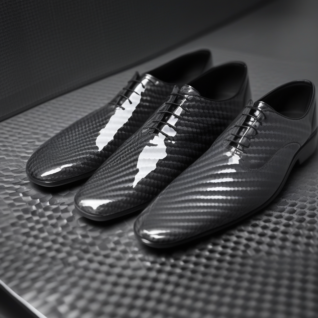 still life, blurry background, shoes, reflection, scales, glossy, grey background, tile floor, carbon fiber, no humans