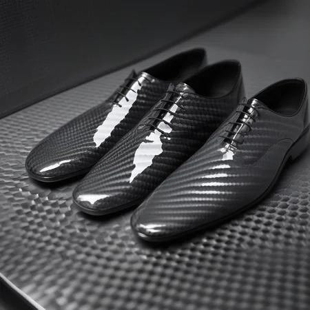 still life, blurry background, shoes, reflection, scales, glossy, grey background, tile floor, carbon fiber, no humans