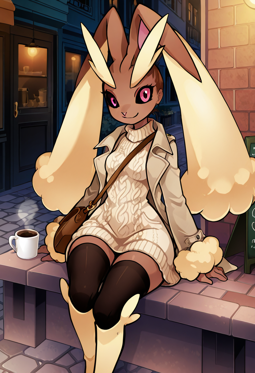 masterpiece, best quality, no humans, smile, looking at viewer, narrow waist, wide hips, sitting,   [Parisian Morning Lookbook], zzLopunny, soft brown hair, loose waves, caramel skin, tall and slender, 1girl, solo, oversized beige trench coat, thigh-high boots, knit turtleneck dress, crossbody bag, cobblestone street, early morning mist, cafÃ© patio â zzLopunny steps out onto a quiet Parisian street, wrapped in an oversized trench coat that flows with every movement. The hem of her knit dress grazes high over suede thigh-highs, while a muted crossbody bag swings at her side. Her soft waves brush past delicate gold hoops as she pauses near a cafÃ©, coffee steam curling in the morning mist.   <lora:LopunnyPokedex_IXL:1.0>,  C0utur3Cr4z3, <lora:CoutureCraze_IXL:0.6>,