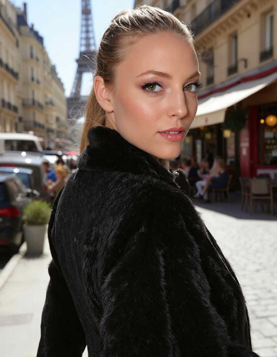 Modern portrait of a Paris fashion lady, dressed in the latest haute couture with sleek lines and sophisticated details, set against a chic urban background of Parisian architecture, featuring elements like the Eiffel Tower in the distance and stylish cafes, cinematic composition, trending on Artstation. She is looking over her shoulder at viewer.