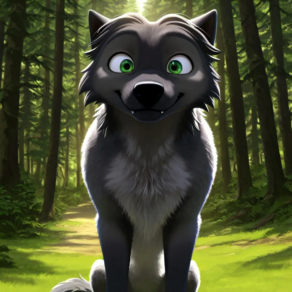 masterpiece, best quality, fictional, cartoon, amazing quality, male focus, front view iew, feral, wolf, dark gray fur, slender body, animal ears, tail, smiling, looking at viewer, dark eyebrows, green eyes, forest background <lora:Shakey_Alpha_and_omega:1>