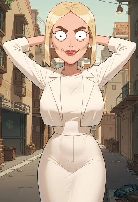 score_9, score_8_up, score_7_up,sole female,perfect face,perfect eyes,,show accurate,Jennith Padrow-Chunt,blonde hair,bob cut,cheekbone,pearl earrings,smile,looking at viewer,hands behind head,
huge ass,huge breasts,full open eyes,alley background