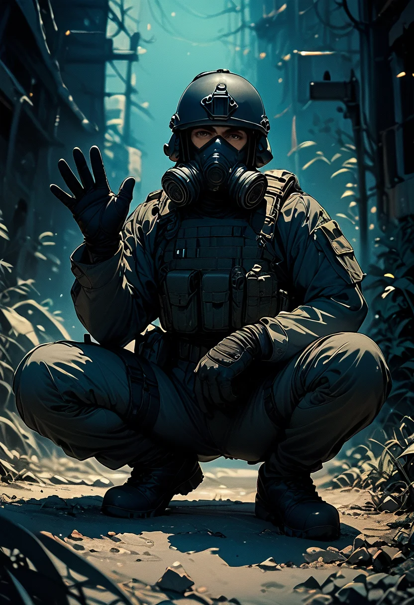 (score_9, score_8_up), score_7_up, gloves, long sleeves, looking at viewer, outside, waving, squatting, male focus, black gloves, uniform, gun, military, mask, helmet, holding gun, pouch, dark theme, gas mask, tactical clothes, all black attire, bulletproof vest , blue lighting, retro
<lora:nostalgia-000011:0.8> <lora:warcore-000013:0.8>