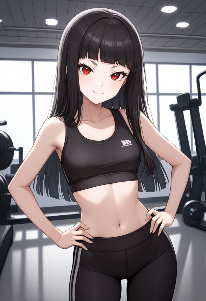 masterpiece, best quality, 1girl, solo, looking at viewer, cowboy shot, smile, gym, hands on hips
black sports bra, black yoga pants
 <lora:zs_TokiILLU:1> tokismtiva, long hair, black hair, blunt bangs, red eyes,