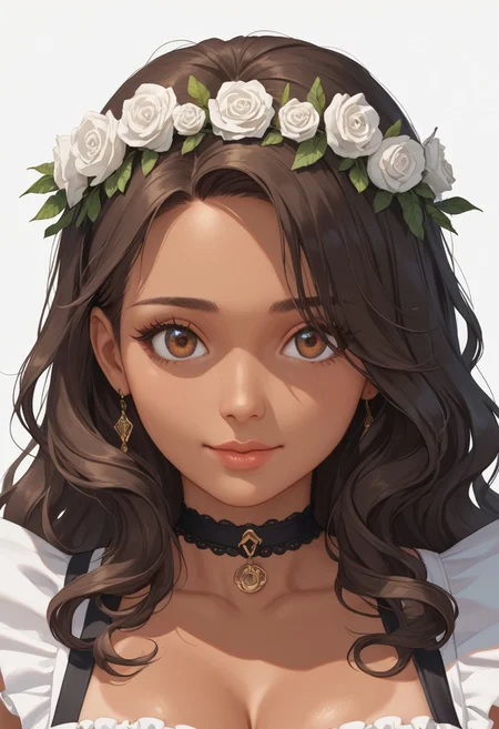 score_9,score_8,score_7_up, masterpiece, high_quality, highres, high quality, perfection, character design, solo, best quality,1 woman, adult, beautiful woman, cute woman, adult, 30 years old, ((Olive Tan skin tone:1.4)), detailed body, shapely woman, (Curvy body: 1.6), MILF, (long wavy voluminous flowing hair Dark brunette hair), Natural body, detailed face, beautiful face, russet brown eyes, eyelashes, large breasts, (Maid Apron, black choker) Standing, Close up, focus on face, head wreath, white Rose wreath, White background, steam, hot, nervous, happy, front view,