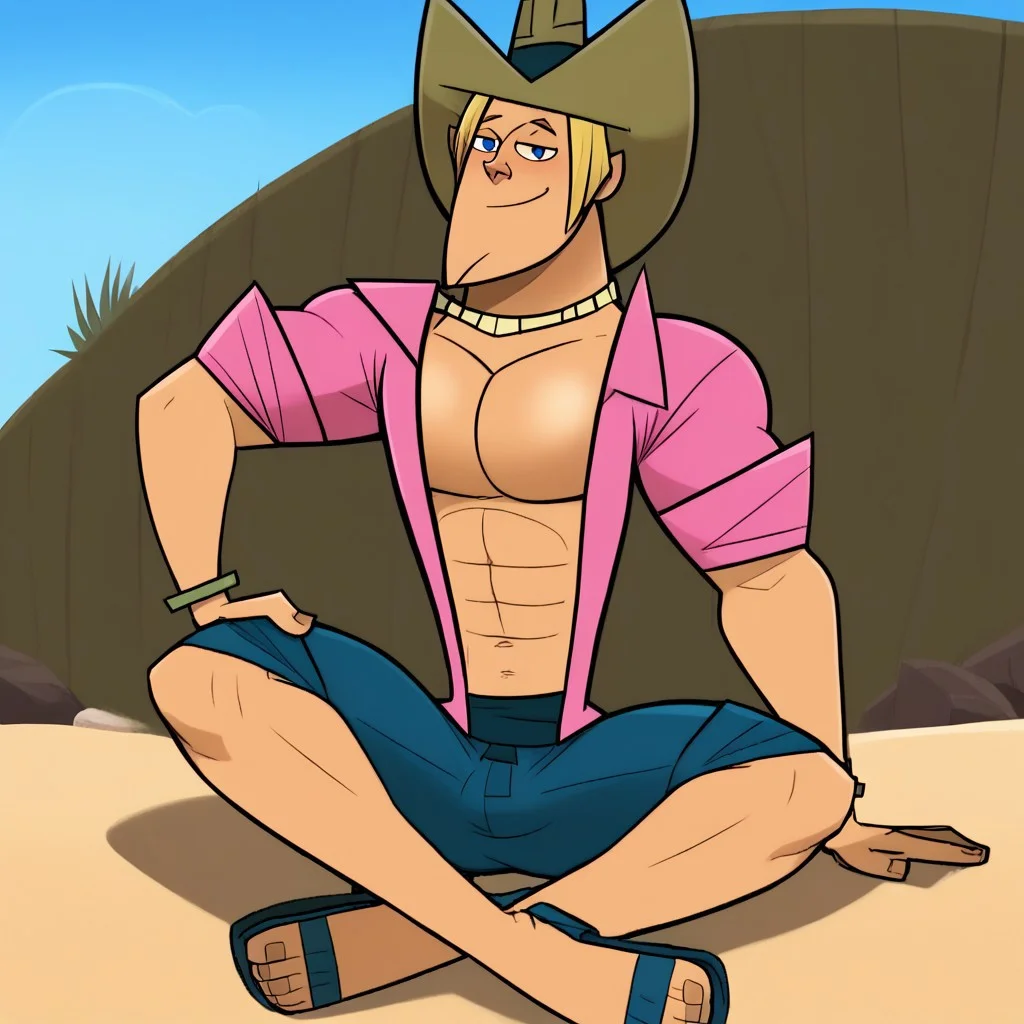 score_9, score_8_up, score_7_up, (((absurdres))), detailed background, beach background, easynegative, takezamurai, ((solo, 1boy)), light skinned male, male, cartoonish style, geoff_tdi, broad shoulders, athletic build, abs, blonde hair, blue eyes, cowboy hat, pink shirt, open clothes, blue shorts, sandals, male focus, looking at viewer