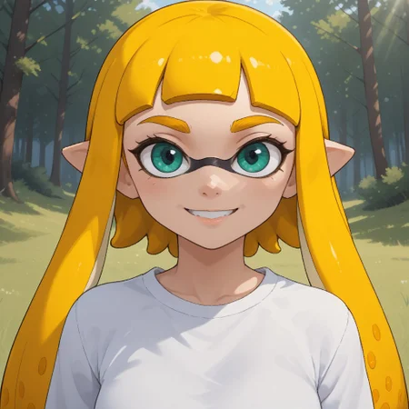 score_9, score_8, BREAK, solo, ssplatoon, inkling, female inkling, 1girl, tentacle hair, yellow hair, dark green eyes, cute, yellow eyebrows, white shirt, blue jeans, blue shoes, breasts, Bianca_(\OC_Inkling\), sexy pose, self portrait, smile, outdoors, sunlight, shadows, evening lighting, natural lighting, forest, trees, grass, orange sky, sunset