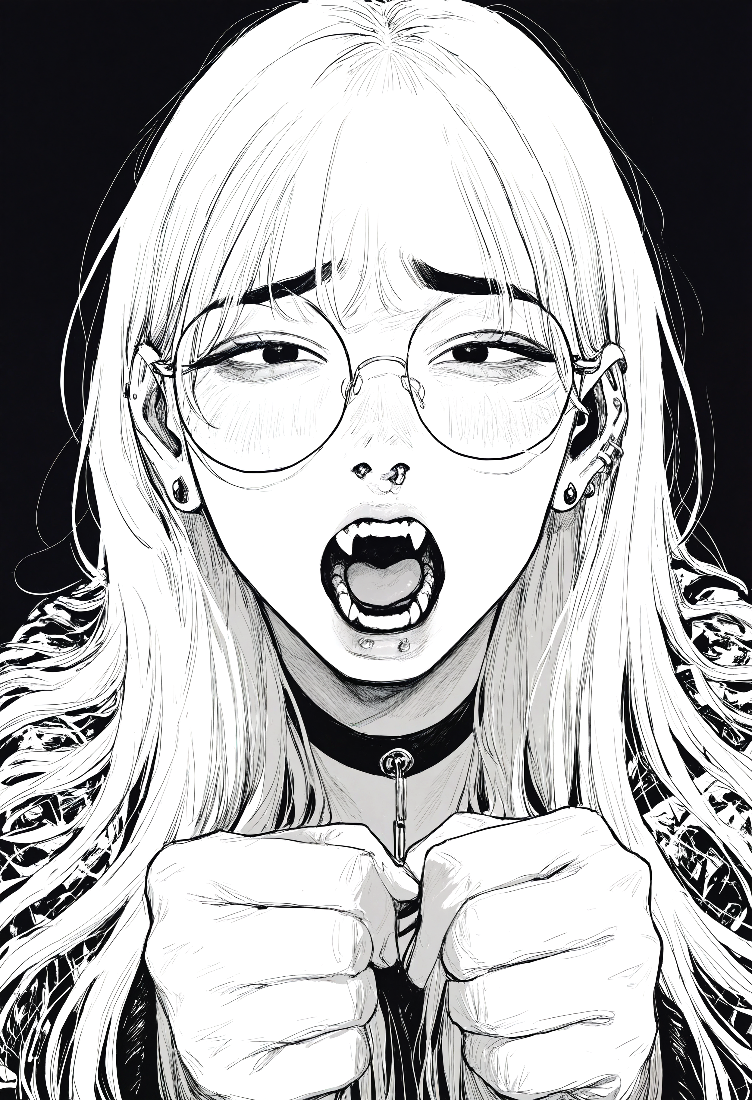 masterpiece, highres, absurdres, newest, very awa, black background,  
highly detailed, intricate, detailed clothes, perfect hands, detailed hands, monochrome, greyscale, manga,   
1girl, white hair, long hair, round eyewear, black eyebrows, ear piercing, mouth piercing, nose piercing, black choker, face focus, pouty lips,   
furrowed brow, looking at viewer, straight-on, open mouth, fangs,   
<lora:ponyv4_noob1_2_adamW-000017:0.2>, <lora:spo_sdxl_10ep_4k-data_lora_webui>, <lora:TA_trained:0.75>, <lora:NOOB_EPSv1_1_detailer_by_vlnvk_v0_5>, <lora:owk_bsh_yy>
