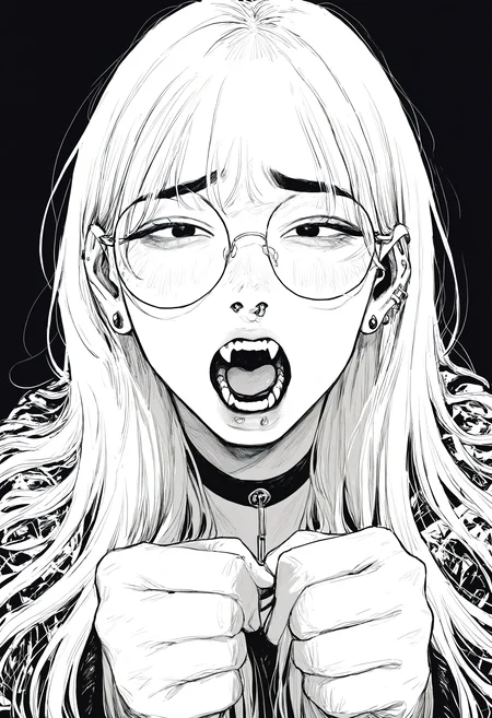 masterpiece, highres, absurdres, newest, very awa, black background,
highly detailed, intricate, detailed clothes, perfect hands, detailed hands, monochrome, greyscale, manga,
1girl, white hair, long hair, round eyewear, black eyebrows, ear piercing, mouth piercing, nose piercing, black choker, face focus, pouty lips,
furrowed brow, looking at viewer, straight-on, open mouth, fangs,
<lora:ponyv4_noob1_2_adamW-000017:0.2>, <lora:spo_sdxl_10ep_4k-data_lora_webui>, <lora:TA_trained:0.75>, <lora:NOOB_EPSv1_1_detailer_by_vlnvk_v0_5>, <lora:owk_bsh_yy>