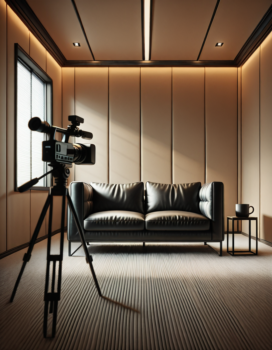 A high-quality, realistic photograph of a modern casting office interior featuring a simple black leather couch positioned against a plain white wall. The couch is sleek, clean, and minimalist in design, with smooth cushions and subtle stitching details. In front of the couch is a small, low wooden coffee table with a few neatly stacked magazines and a glass of water. To the side, there's a professional camera on a tripod aimed at the couch, with softbox lights set up to provide balanced, diffused lighting, eliminating harsh shadows. The floor is covered with light gray carpet, adding a soft texture to the scene. The atmosphere is quiet and neutral, resembling a professional interview space. The overall composition is centered and symmetrical, with a clear focus on the furniture and equipment. No people are present. The photograph has a natural daylight tone coming from an unseen window, giving a soft, ambient glow to the room.
<lora:SDXLFaeTastic2400:0.4> <lora:extremely_detailed:0.4> extremely detailed, <lora:C4st1ng_c0uch-i:1>,C4st1ng c0uch, Masterpiece,best quality,hi res,8k,hi res,8k,award winning,(sharp focus, intricate, highly detailed),
