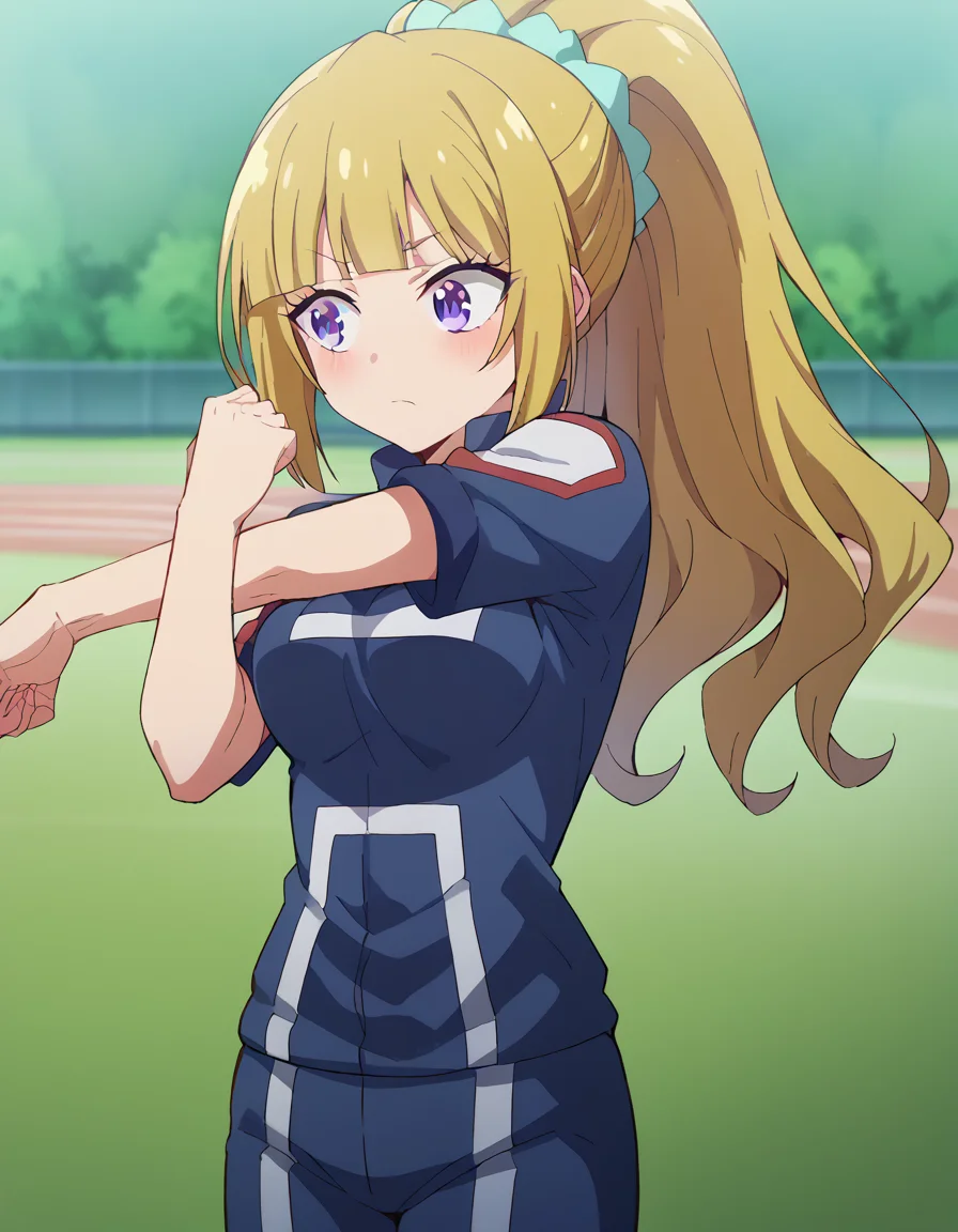 score_9, score_8_up, score_7_up, source_anime, <lora:kei-karuizawa-anime-s2-ponyxl-lora-nochekaiser:1>, kei karuizawa, long hair, bangs, blunt bangs, purple eyes, blonde hair, hair ornament, ponytail, scrunchie, blue scrunchie, medium breasts,, <lora:ua-gym-uniform-ponyxl-lora-nochekaiser:1> ua gym uniform, u.a. gym uniform, blue track suit, blue pants, blue shirt, short sleeves,, blush, track and field, <lora:cross-body-stretch-ponyxl-lora-nochekaiser:1> cross-body stretch, stretching, arm across chest, exercising,, cowboy shot,