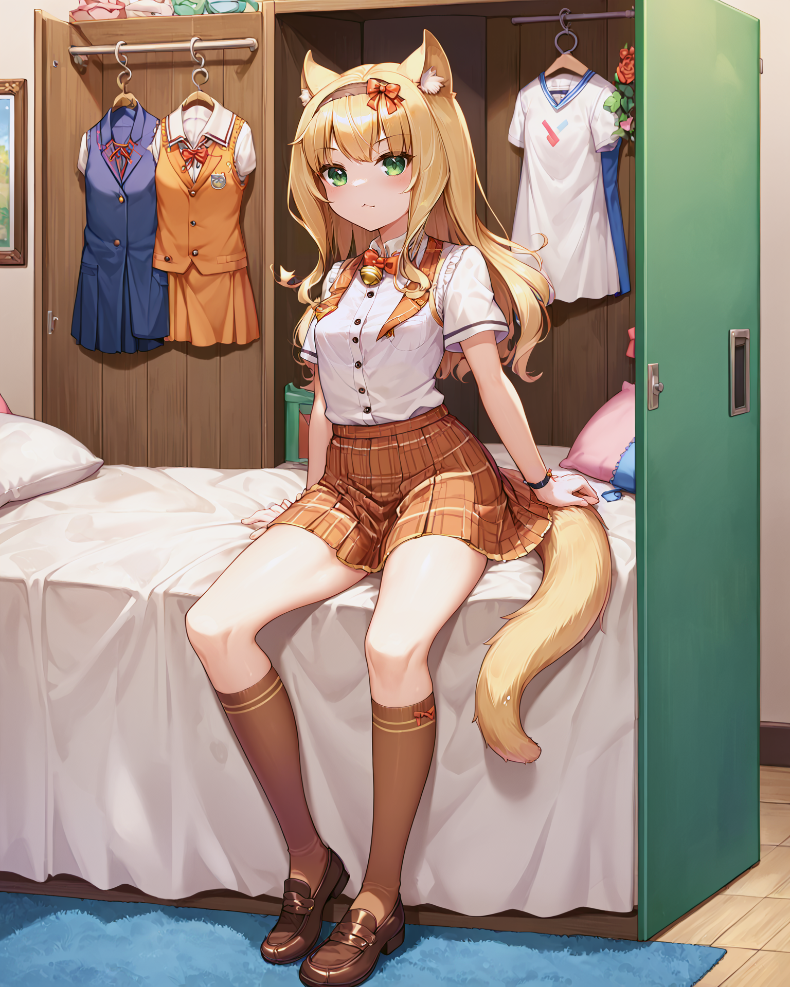<lora:3_Style_Art_Deaver_XL:0.7>  <lora:Neko_Maple_XL:0.7> maple, blonde hair, bangs, green eyes, cat girl, pointy cat ears, cat ears, cat tail, long hair, bow, bell, hairband, school uniform, shirt, white shirt, frills, center frills, vest, short sleeves, wristband, skirt, brown skirt, orange skirt, plaid, plaid skirt, pleated skirt, socks, brown legwear, kneehighs, shoes, loafers, brown footwear,, <lora:9_Detail_Tweaker_XL:0.8>, score_9, score_8_up, score_7_up, source_anime, masterpiece, best quality, highly detailed background, cinematic lighting, detailed eyes, perfect face,, lazy, teenager room, messy, bedroom, bed sheet, closet,