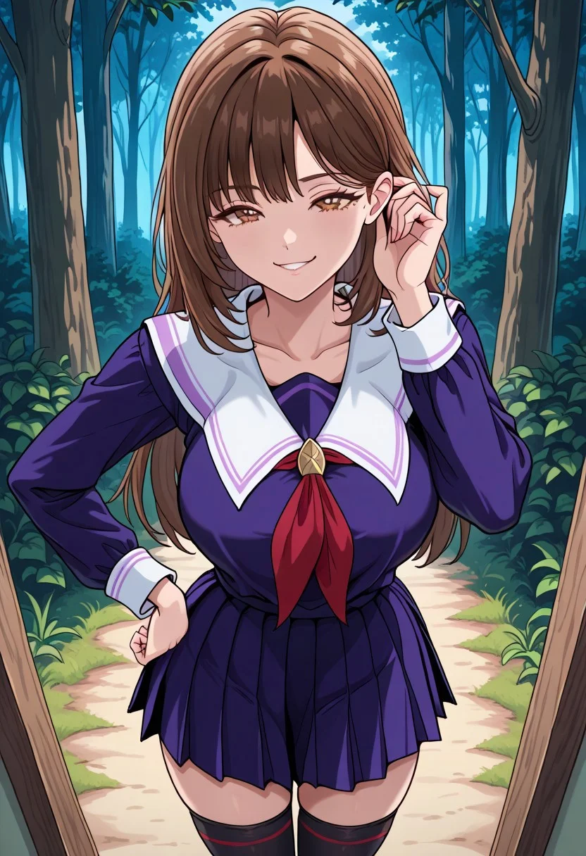 bright colors, detailed background,, volumetric light, vivid colours, standing,
looking at viewer, outdoors, overcast, dark, forest, vines, ponypositive, solo, solo focus, open hand on hip, hand adjusting hair behind ear, single eyebrow lifted, smirk,
ioriyoshRL, 1woman, solo, brown hair, brown eyes, standing, smile, thighhighs, school uniform, purple serafuku,
best quality, hyper detailed, ambient stylish expressive lighting, absolutely eye-catching masterpiece, body extremely close-up view, (facing viewer), forward, face extremely close-up shot, chest focus, selfie,