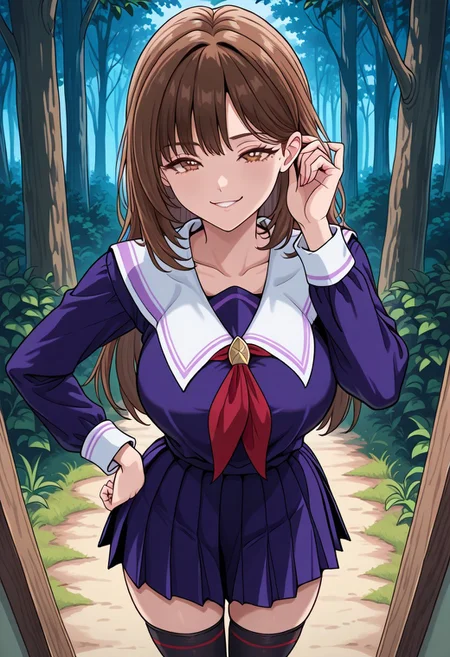 bright colors, detailed background,, volumetric light, vivid colours, standing,
looking at viewer, outdoors, overcast, dark, forest, vines, ponypositive, solo, solo focus, open hand on hip, hand adjusting hair behind ear, single eyebrow lifted, smirk,
ioriyoshRL, 1woman, solo, brown hair, brown eyes, standing, smile, thighhighs, school uniform, purple serafuku,
best quality, hyper detailed, ambient stylish expressive lighting, absolutely eye-catching masterpiece, body extremely close-up view, (facing viewer), forward, face extremely close-up shot, chest focus, selfie,