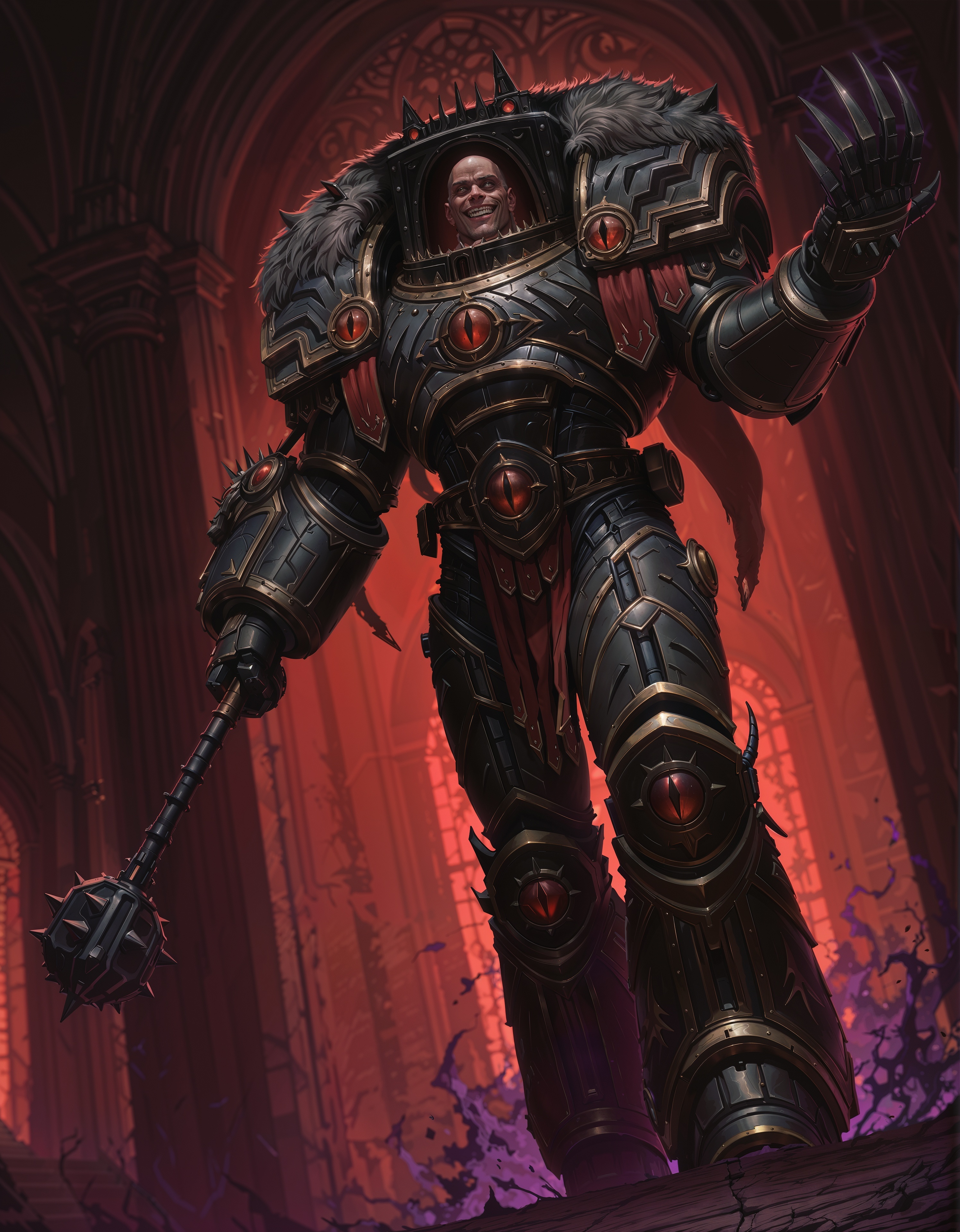 masterpiece, best quality,high quality, newest, highres,8K,HDR,absurdres, dynamic angle, realistic, 1boy, iLLHorusL40K, solo, power armor, detailed face, chaos, yandere, crazy eyes, smile, holding a mace, power claw, dark aura, in a palace, chaos,  <lora:iLLHorusL40K:1>
